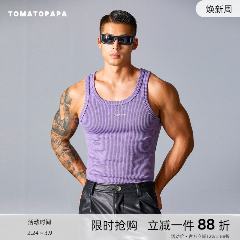 TOMATOPAPA美式背心2025夏季圆领潮男士运动螺纹高弹针织厚款健身