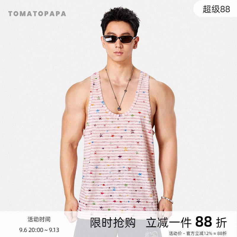 TOMATOPAPA度假风背心男夏季透气汗背心彩色印花旅游运动健身训练
