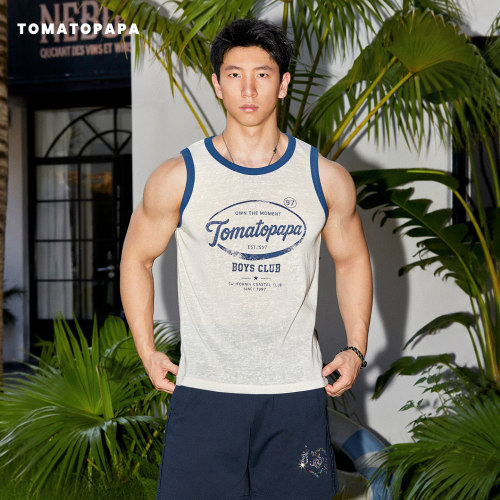 TOMATOPAPA美式复古男士背心夏撞色外穿竹节棉做旧印花运动健身衫