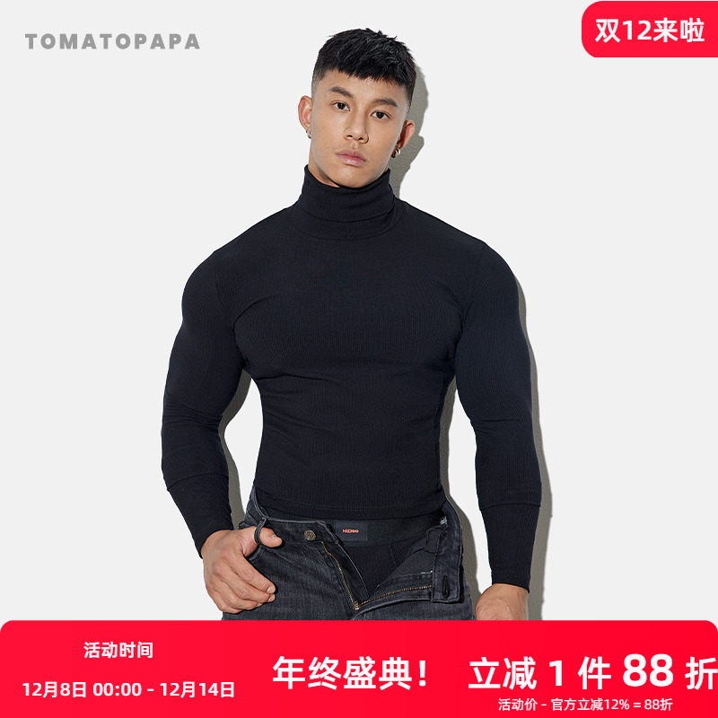 TOMATOPAPA秋冬新品长袖T恤高领修身高弹运动健身体恤青年潮上衣