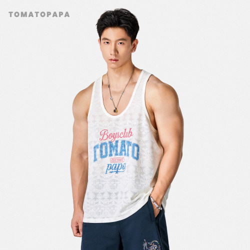 TOMATOPAPA美式字母印花男士背心宽松纹理透气运动健身训练汗背心