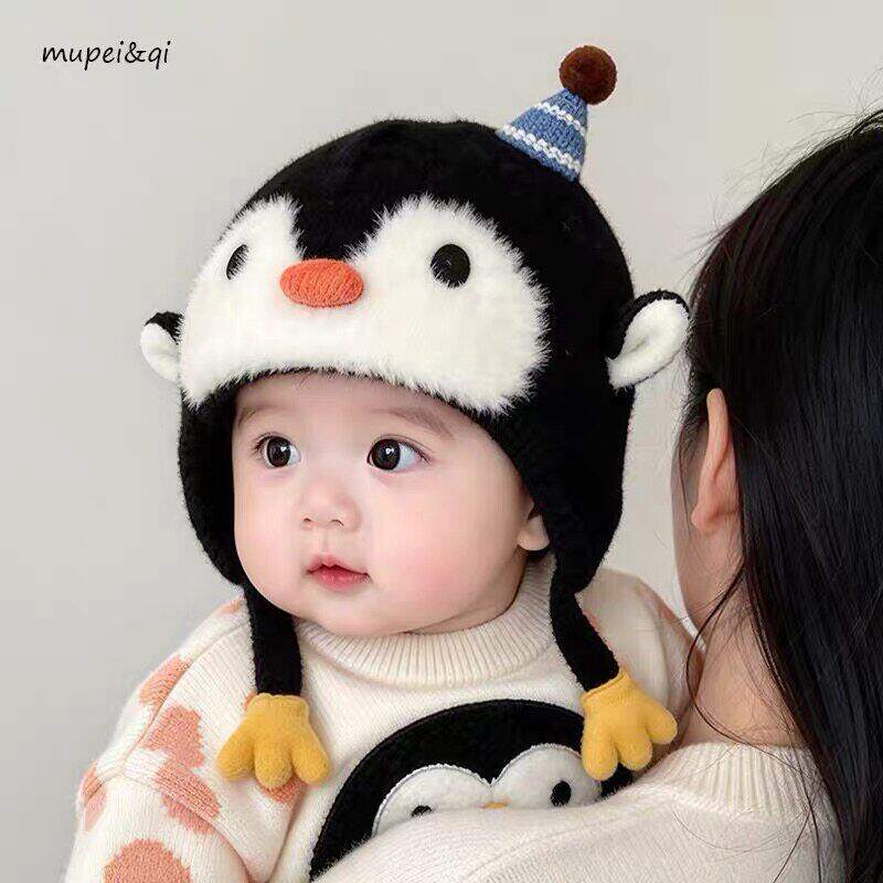 宝宝护耳帽秋冬季男童女婴幼儿韩版可爱企鹅毛绒帽冬天套头帽保暖