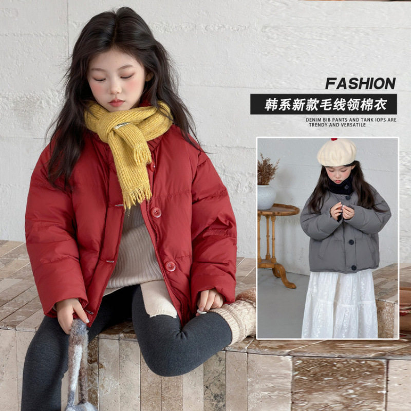 女童红色棉服外套冬季2025新款加厚年服面包服中大儿童毛线领棉衣