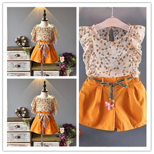 女童夏季套装新款韩版童装中小童女宝宝雪纺短袖+短裤套装厂家直