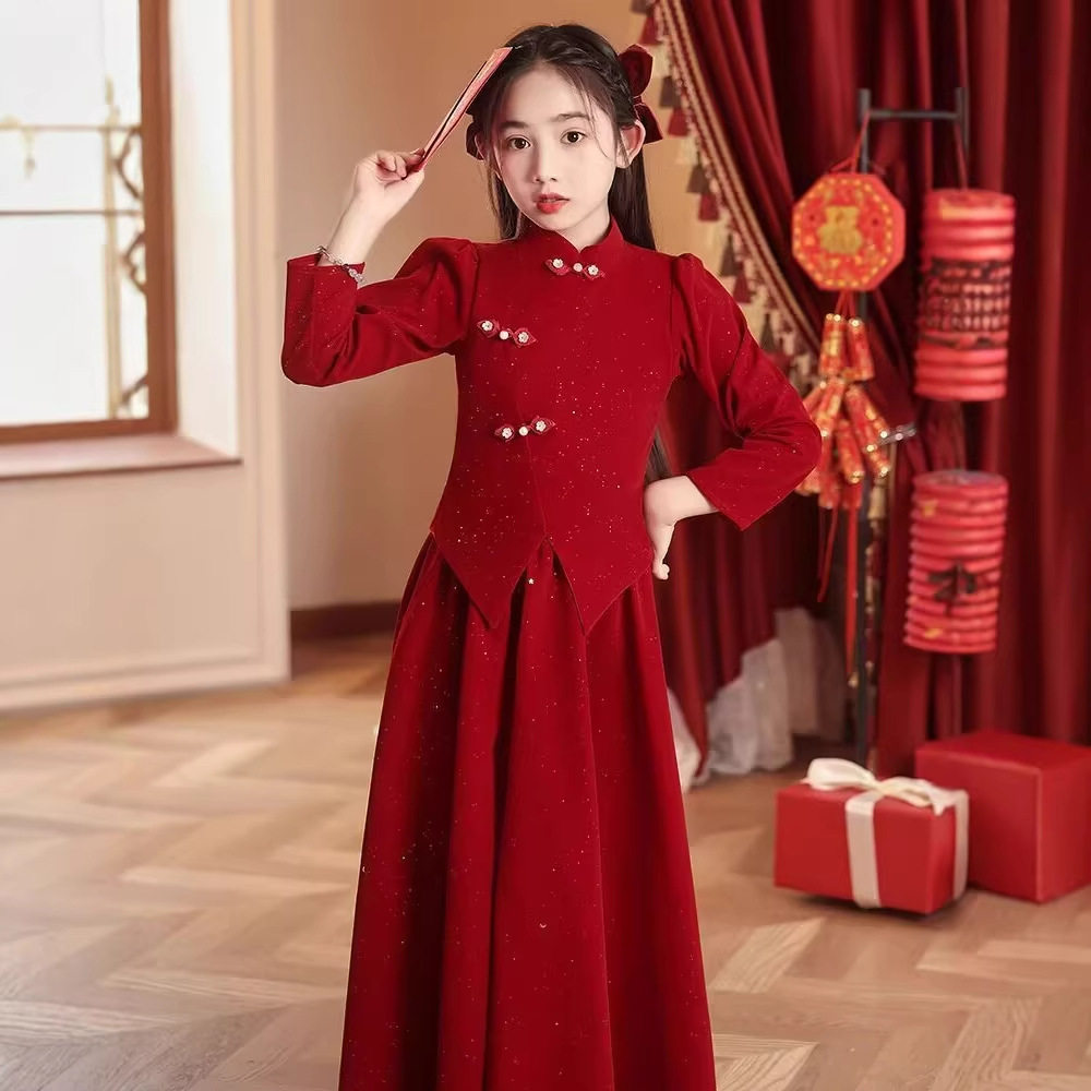 女童连衣裙秋冬新款中大童红色新年服公主裙主持人生日新中式礼服,童装/婴儿装/亲子装,儿童运动套装,淘宝优惠券,粉丝福利购,淘宝优惠卷