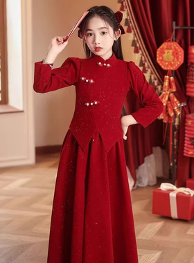 女童连衣裙秋冬新款中大童红色新年服公主裙主持人生日新中式礼服