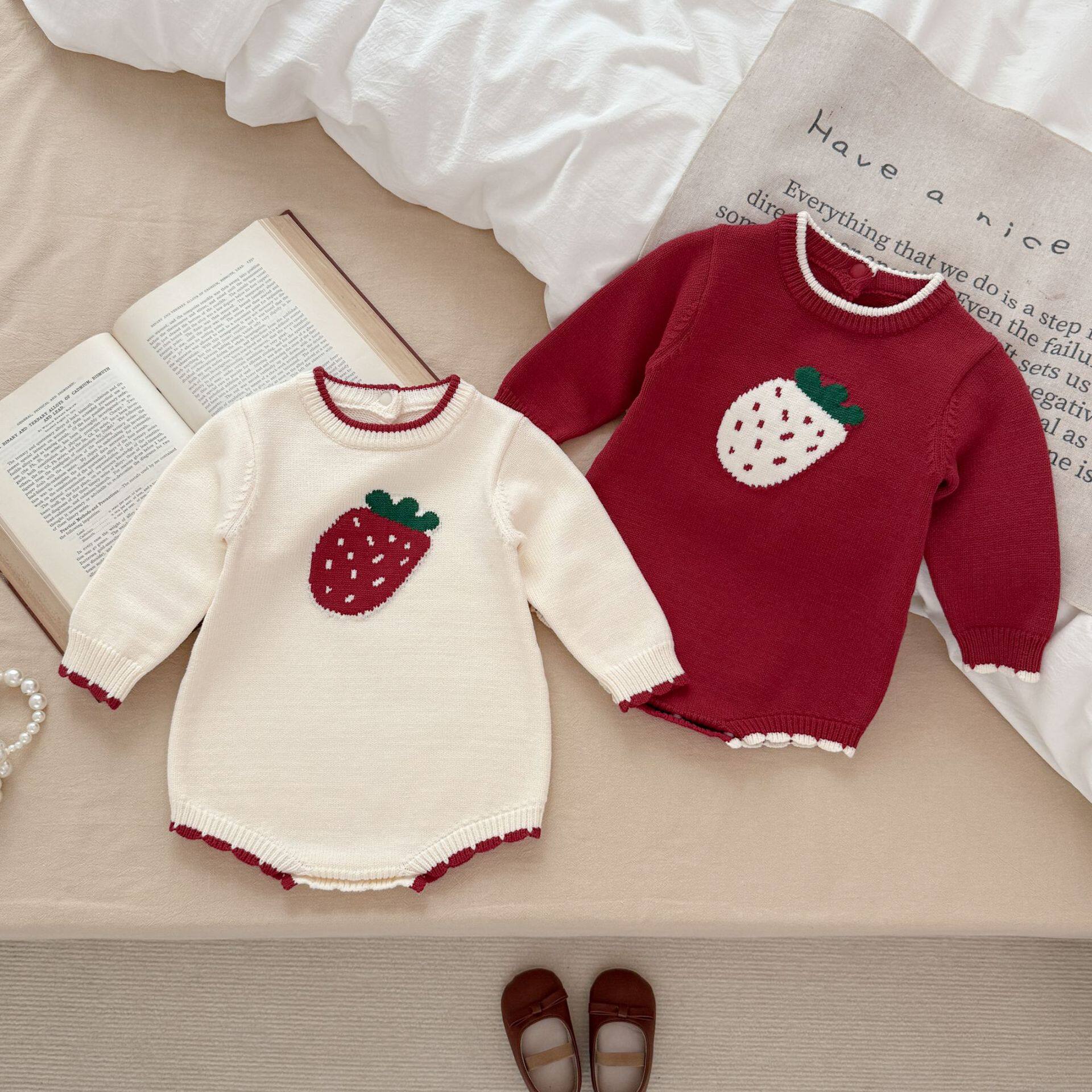 毛衣草莓长袖连体爬服秋冬女宝宝babylove韩版针织包屁衣韩版甜美