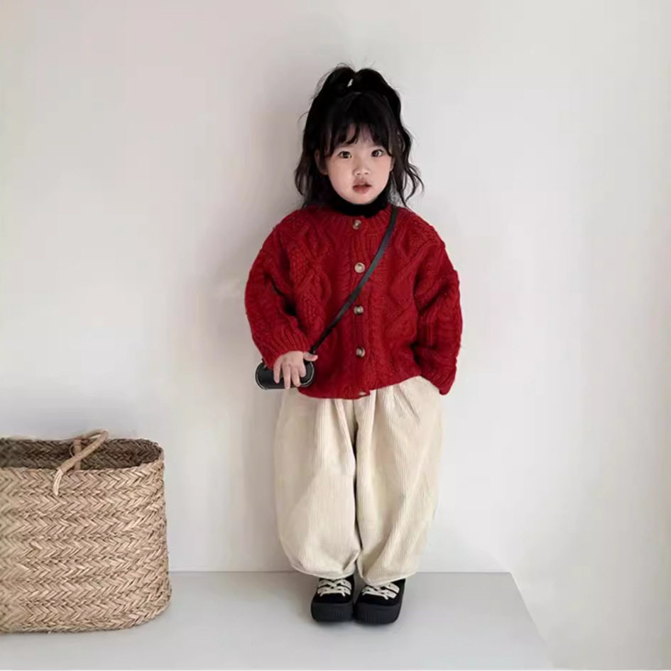 新年装女童外套秋冬款儿童小孩红色喜庆针织衫男童洋气立领开衫