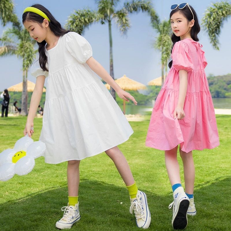 女童夏季连衣裙2025新款中大童纯棉泡泡袖洋气宽松裙子纯色公主裙