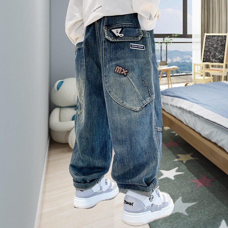 男童裤子2025春秋新款韩版帅气儿童牛仔裤中大童春秋宽松加绒裤潮