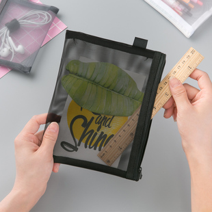 科目笔袋女ins冷淡风简约透明网纱网格拉链袋大容量B5试卷收纳袋无印风黑白学生用考试文具袋文件档案资料袋