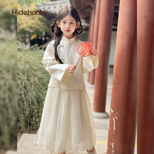 丢手绢女童蝴蝶外套长袖春装新中式国风上衣连衣裙套装大童装白色