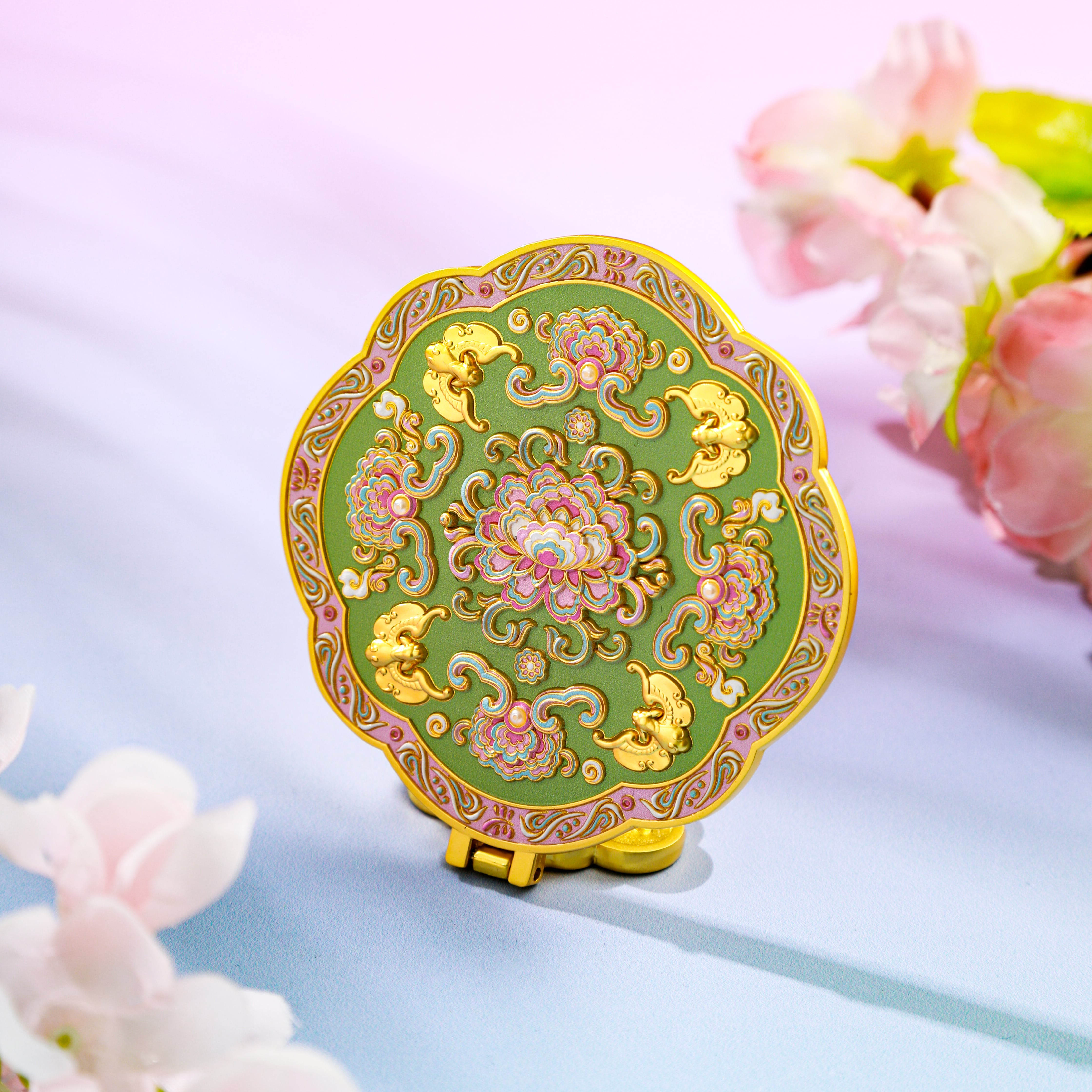 福瑞花韵好运连连文创小镜子折叠镜化妆镜中式美学传统花纹浮雕