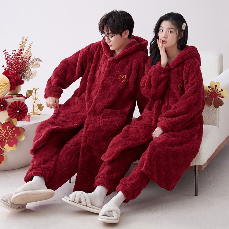 珊瑚绒睡衣女袍套秋冬加绒加厚法睡袍/浴袍
