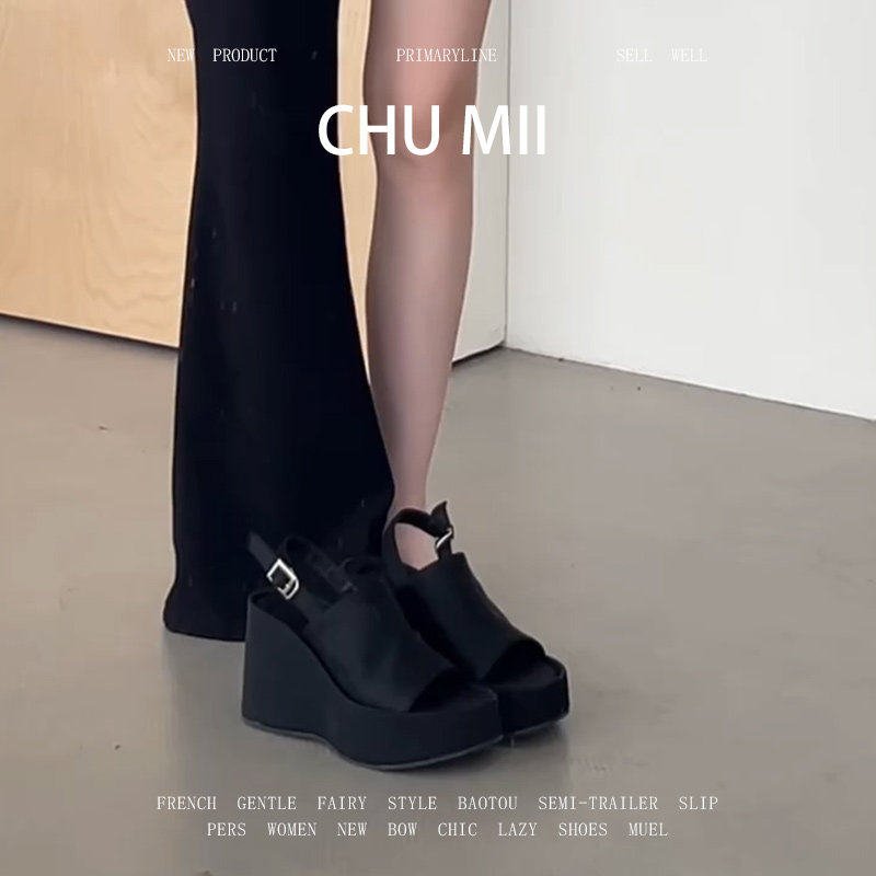 羊皮版~黑色防水台楔型凉鞋女欧美一字凉拖鞋百搭不累脚高跟鞋