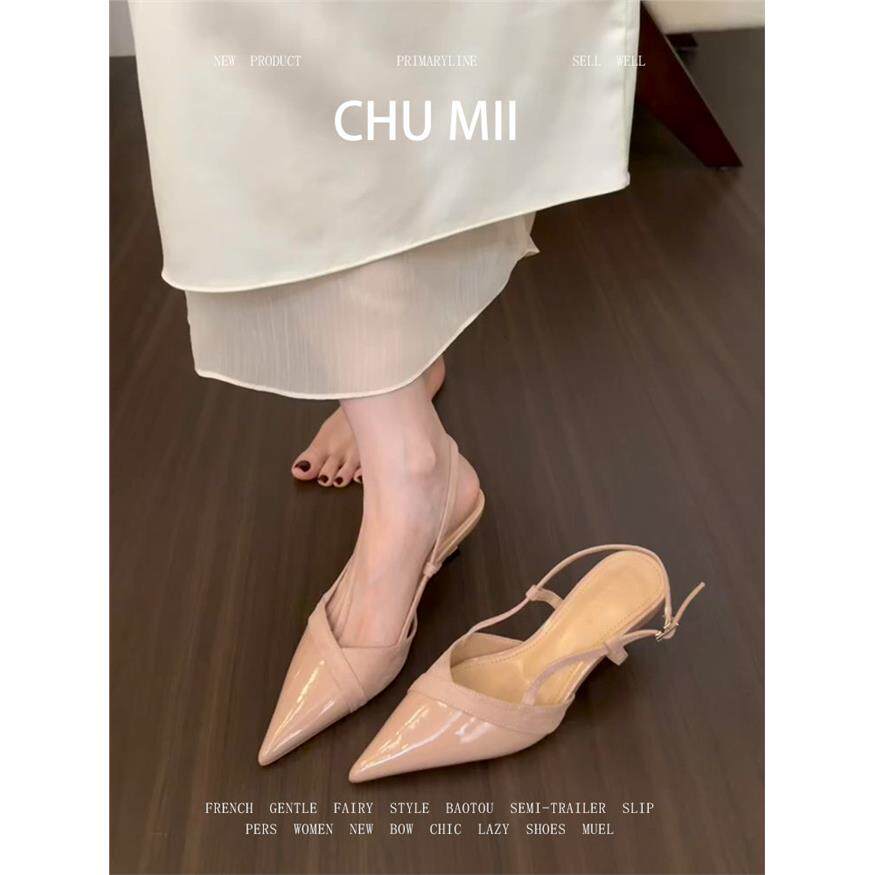 羊皮版~法式温柔尖头单鞋女绝美一字带细跟高跟鞋配裙子包头凉鞋