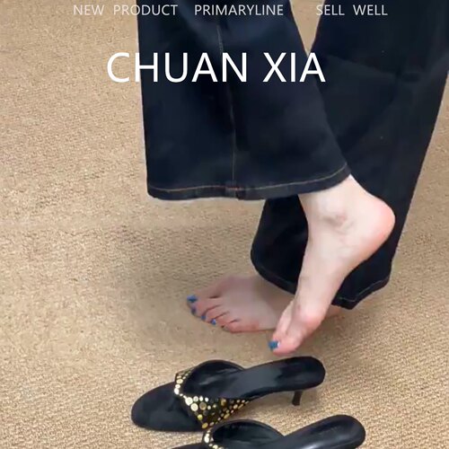 羊皮版-复古绒面亮片凉拖