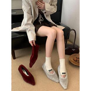 细跟尖头毛毛鞋女外穿2025秋冬新款一脚蹬棉鞋中跟韩版加绒单鞋女