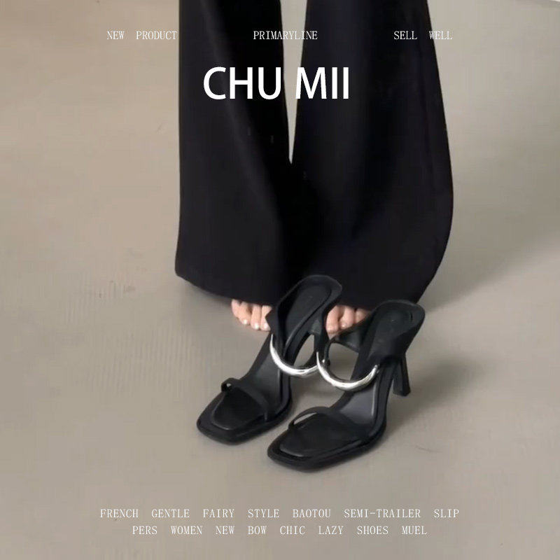羊皮版~法式气质方头高跟鞋女一字带金属扣凉拖鞋百搭细跟凉鞋