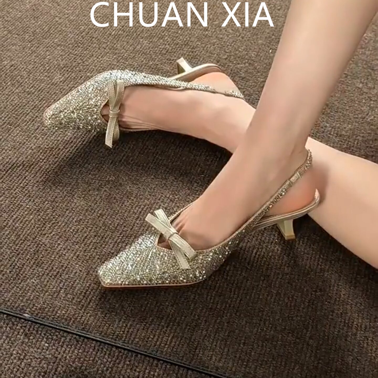 羊皮版！名媛风宴会方头高跟鞋女水钻真皮包头凉鞋高级感细跟单鞋