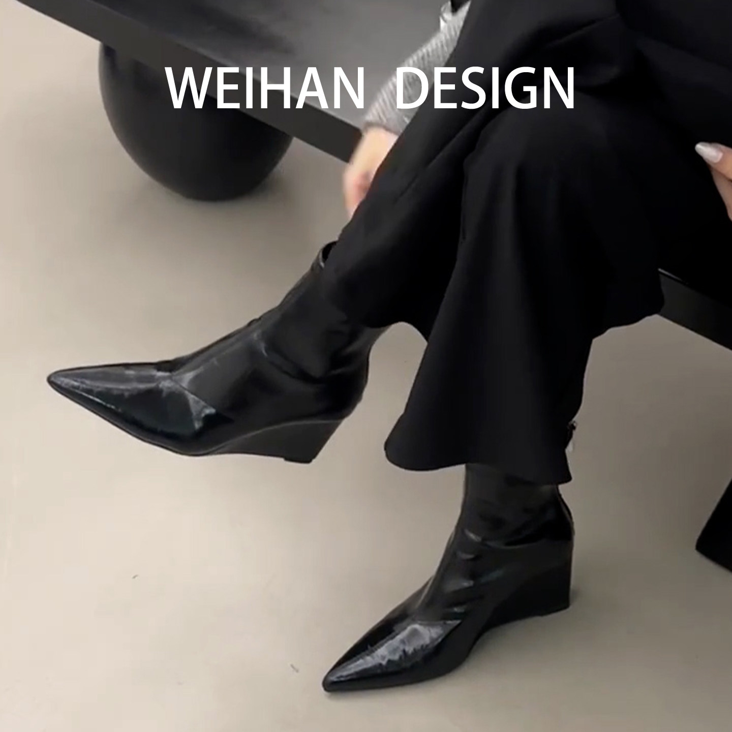 羊皮版！黑色尖头坡跟高跟短靴女复古弹力瘦瘦靴后拉链百搭马丁靴