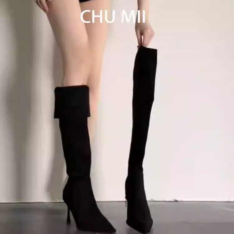 羊皮尖头细高跟骑士长筒靴女