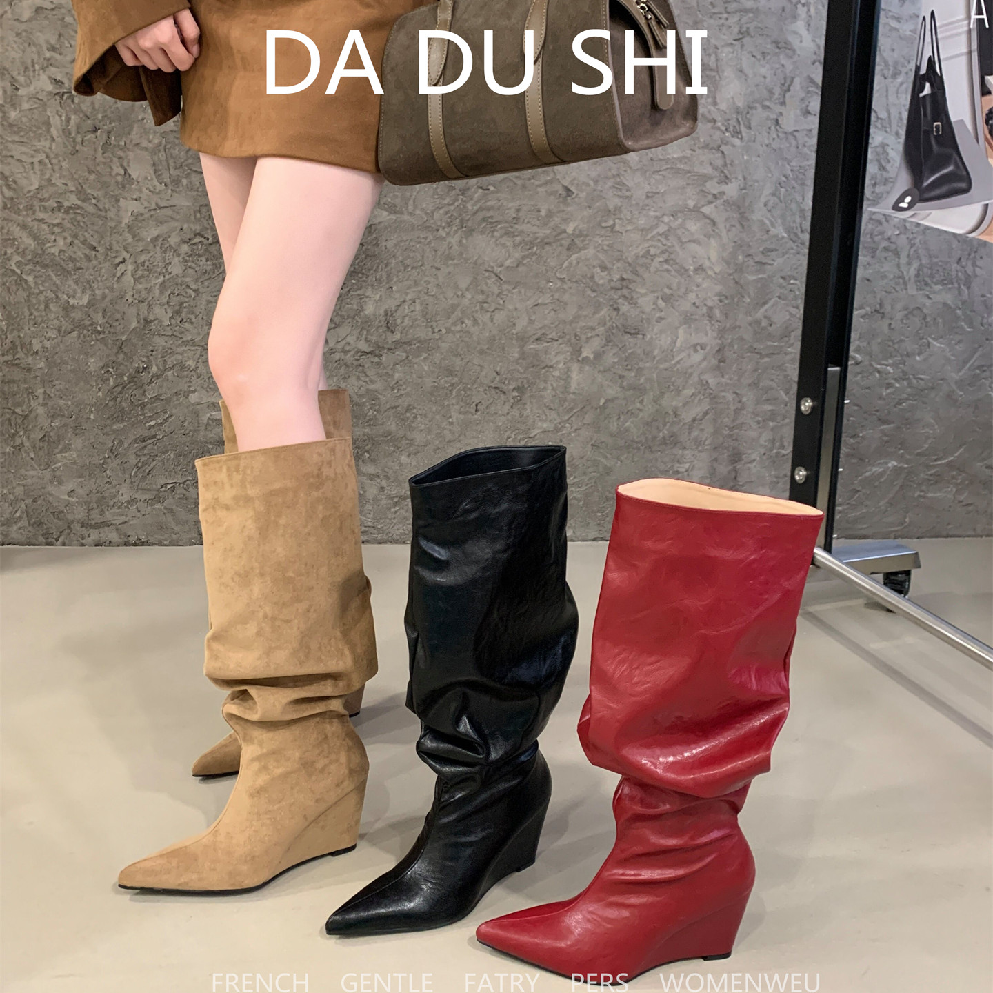 加绒款！欧美尖头坡跟堆