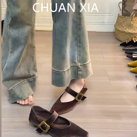 羊皮版~复古丝绒粗跟单鞋