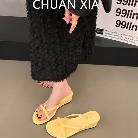 羊皮版~黄色简约坡跟夹趾