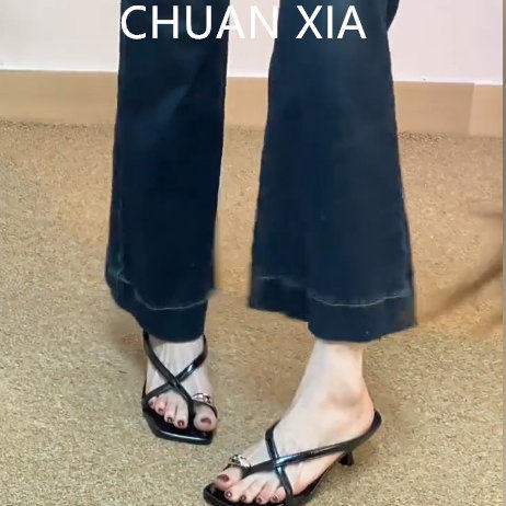 羊皮版~法式方头细跟高跟鞋女小众设计感套趾凉拖鞋复古软底凉鞋