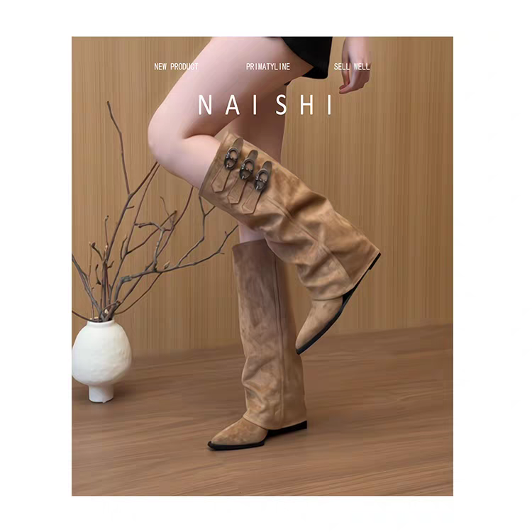 废土风长筒靴坡跟尖头西部骑士靴