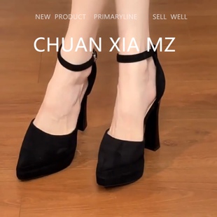 羊皮版~复古一字扣尖头包鞋女防水台粗跟玛丽珍鞋小众通勤高跟鞋