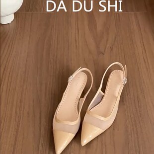 羊皮版！欧美风时髦尖头单鞋女网纱拼接高跟鞋性感小猫跟包头凉鞋