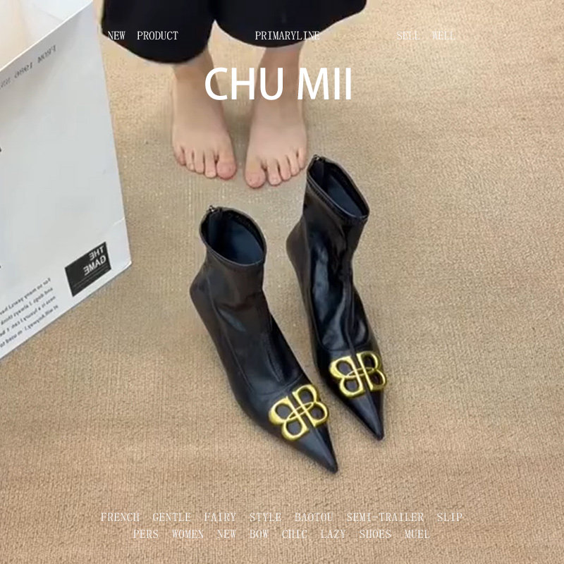 羊皮版~法式金属BB扣尖头短靴女复古真皮高跟瘦瘦靴气质百搭短靴