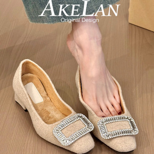 羊皮版~法式方扣水钻粗跟单鞋女秋冬加绒通勤高跟鞋气质玛丽珍鞋