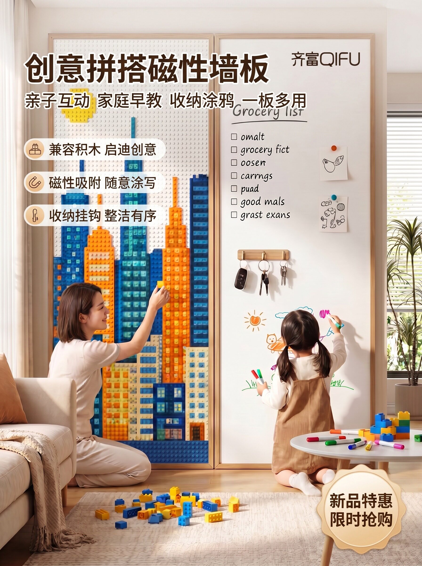 儿童多功能育伴墙积木板磁吸白板