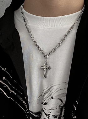 ins十字架项链拼接镶钻潮流项链男潮嘻哈轻奢毛衣链女小众锁骨链