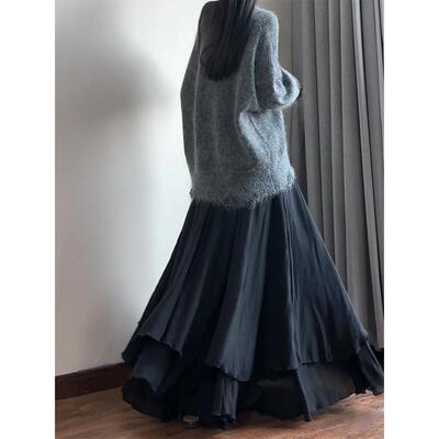 读衣术黑色双层棉麻大摆半身裙