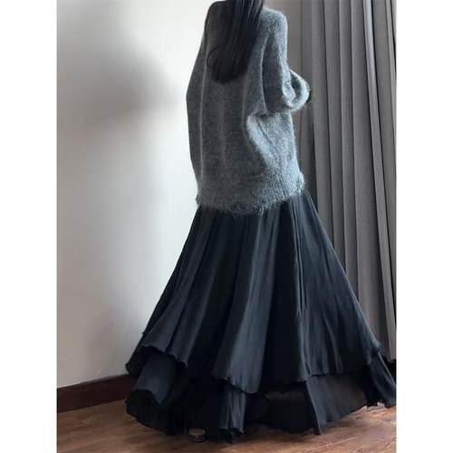 读衣术黑色双层棉麻大摆半身裙