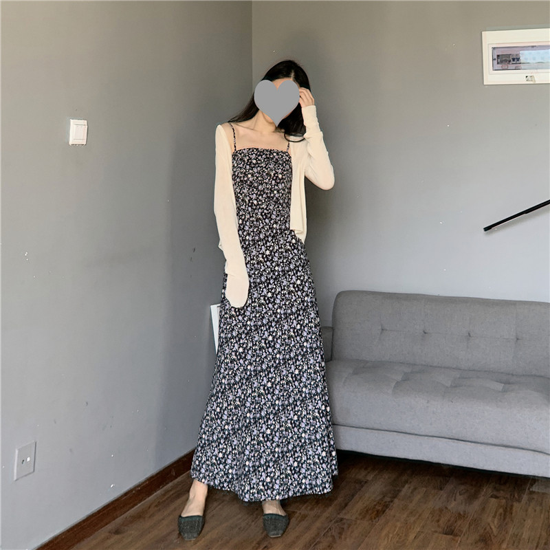 一字肩弹性抹胸吊带裙 黑色显瘦小碎花裙子 遮副乳打揽雪纺连衣裙