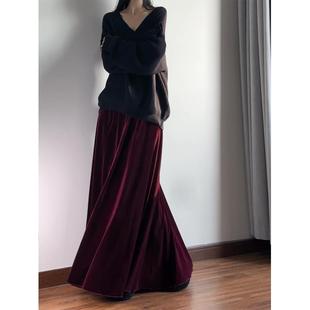 读衣术金丝绒半身裙秋冬款 遮胯显瘦A字裙 加厚酒红色丝绒长裙子