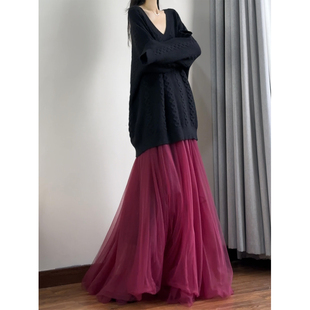 复古红多层气质纱裙 蓬蓬裙子 读衣术不规则网纱半身裙 超仙加长款