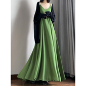 读衣术绿色垂感遮肚子雪纺吊带裙 高个子加长款 长裙到脚踝连衣裙