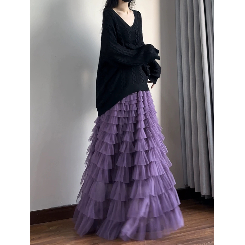 读衣术紫色蛋糕裙仙女裙子长纱裙