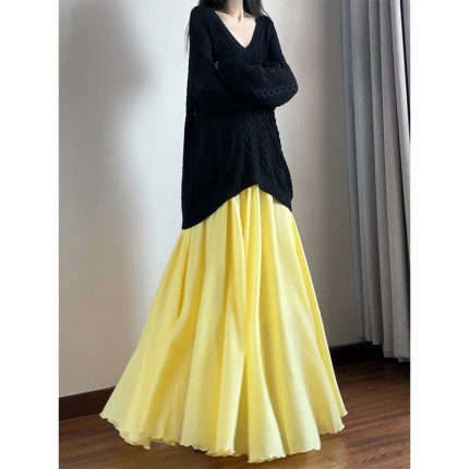 读衣术多巴胺绝美半身裙 简约文艺半裙 早春松紧腰鹅黄色大摆长裙
