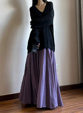 读衣术飘逸大摆仿棉麻半身裙 紫色加长款裙子 中式禅意文艺长裙