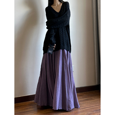 飘逸大摆棉麻半身裙紫色加长遮胯