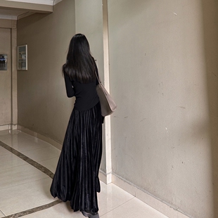 读衣术金丝绒百褶裙加厚显瘦 秋冬丝绒长裙 170高个子高腰半身裙