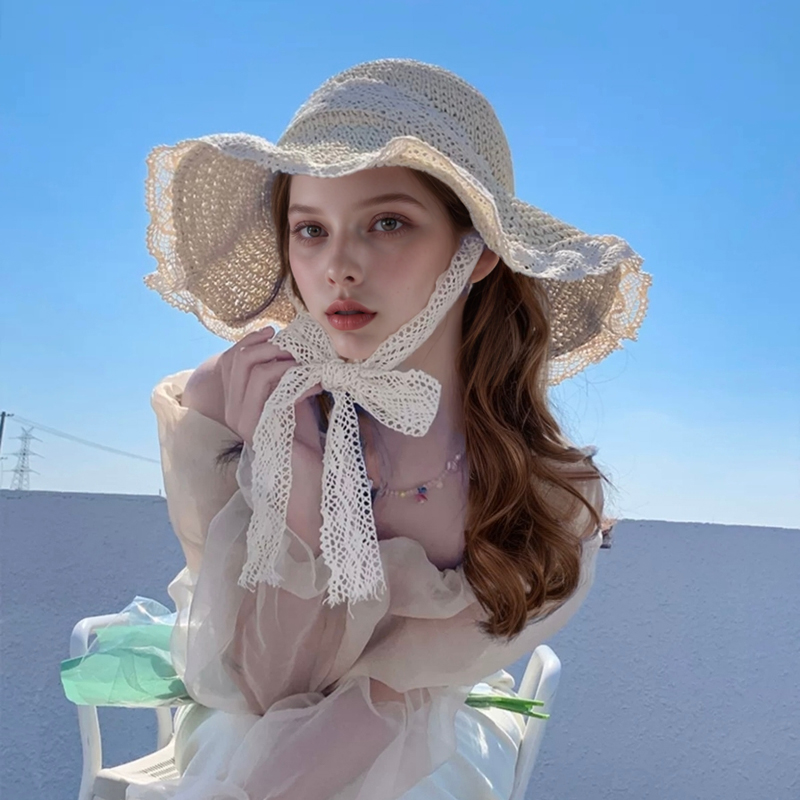 超仙可折叠飘带大檐草帽女夏防晒遮阳透气甜美海边出游沙滩太阳帽