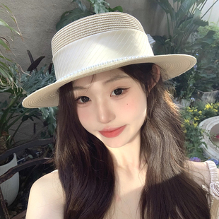赫本風平頂草帽女夏新款 防曬遮陽海邊度假沙灘草編太陽帽 大檐法式